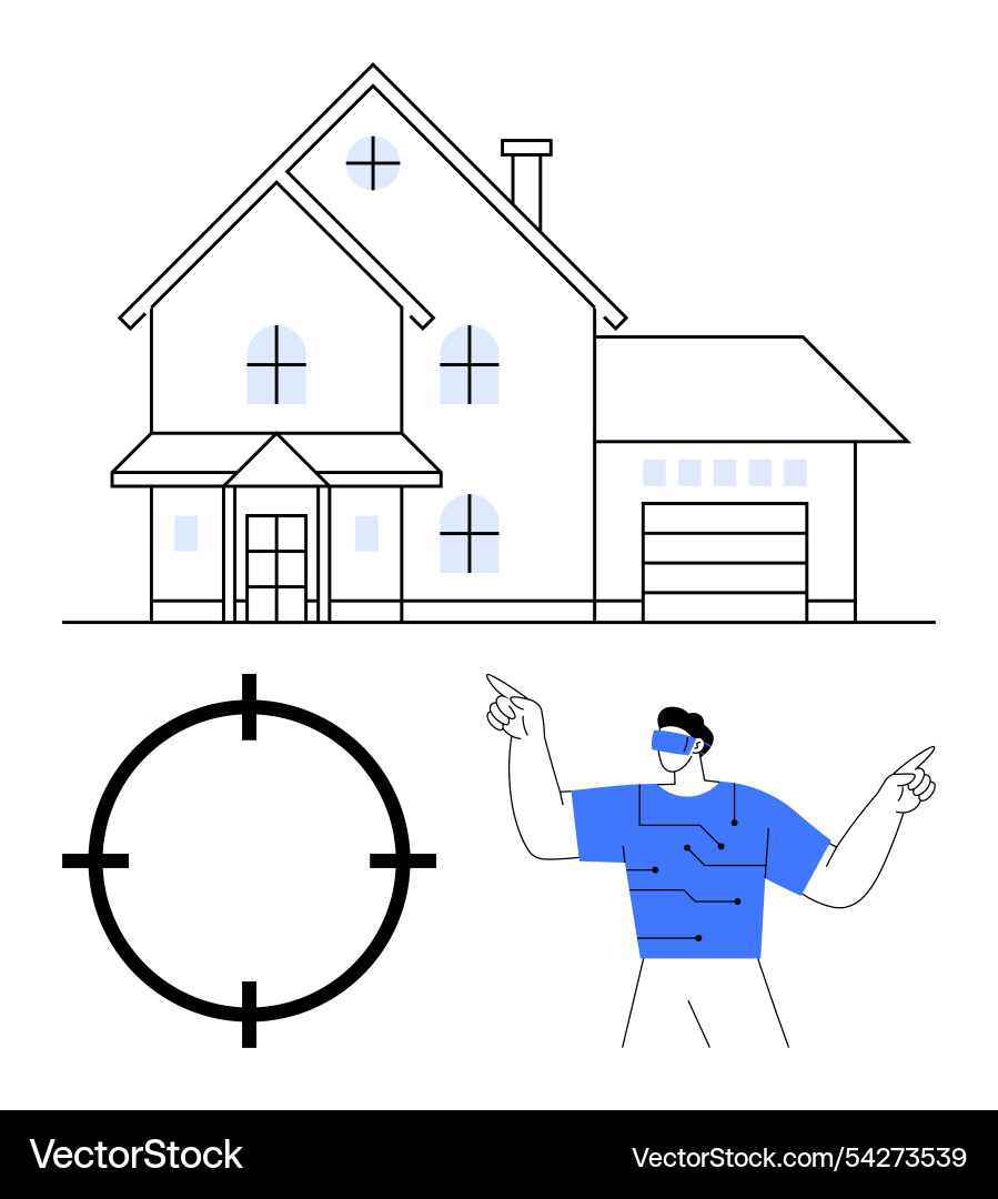 Man in vr headset pointing while targeting a house Man in vr headset pointing while targeting a house vector image