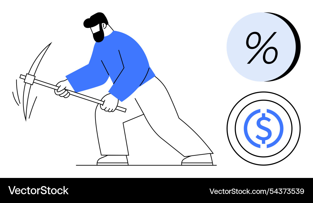 Man mining cryptocurrency with pickaxe symbolizing Man mining cryptocurrency with pickaxe symbolizing vector image