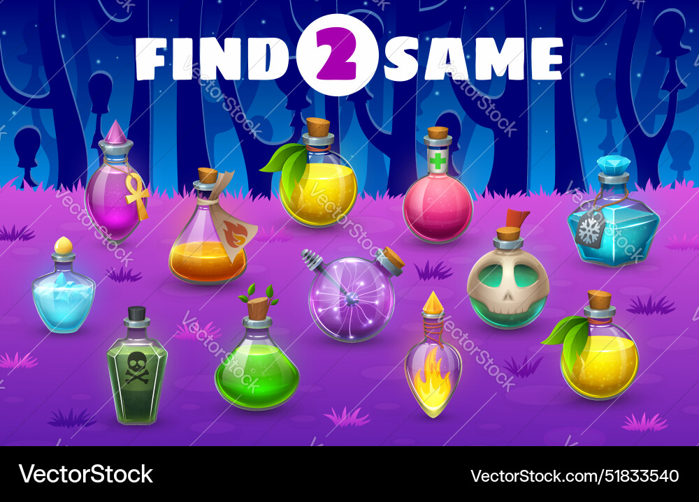 Find two same halloween magic potion bottles task Find two same halloween magic potion bottles task Vector Image
