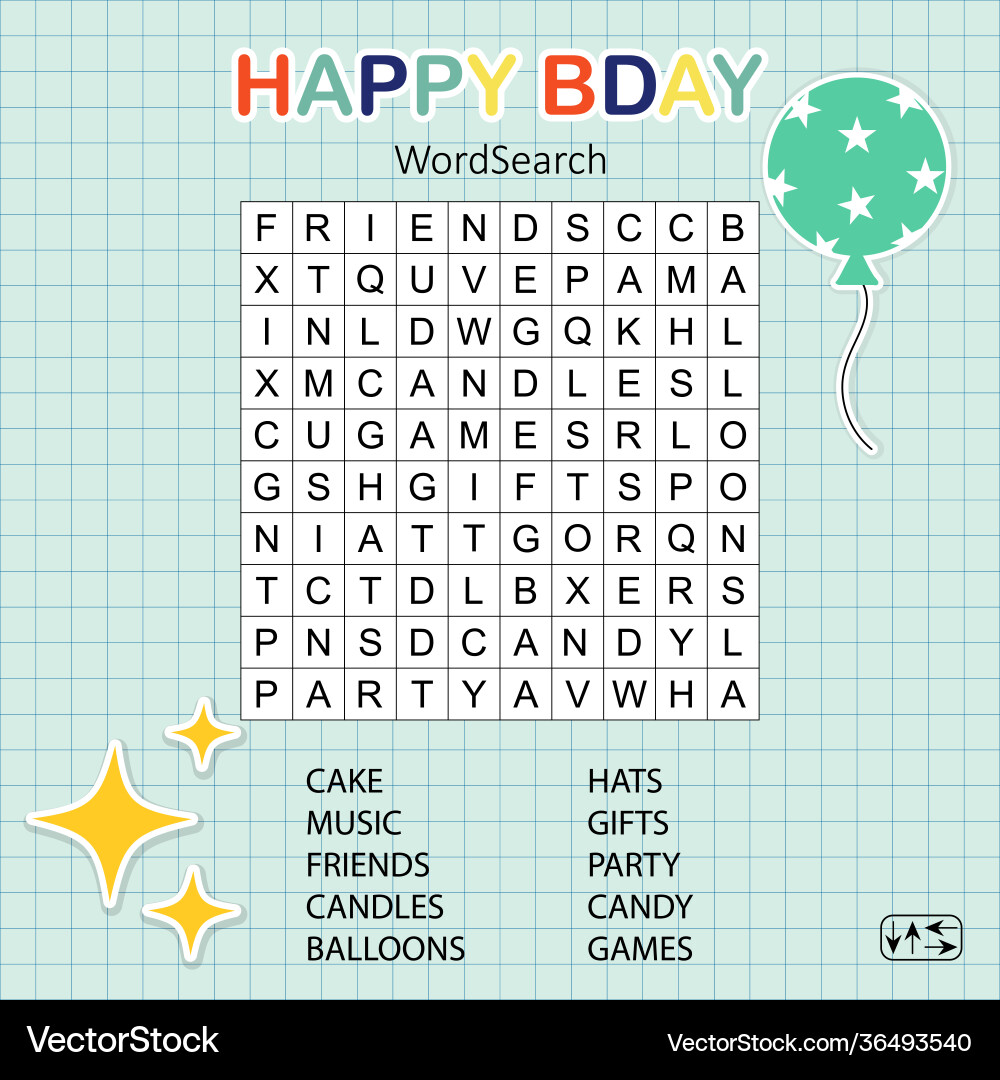 happy-birthday-word-search-puzzle-for-kids-vector-image for Birthday Word Search Free Printable Happy birthday word search puzzle for kids Vector Image for Birthday Word Search Free Printable