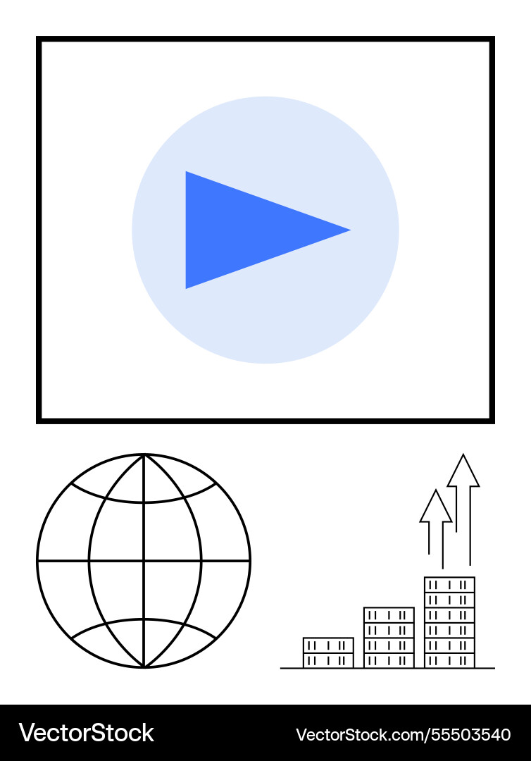 Play button with globe and growing bar graph Play button with globe and growing bar graph vector image