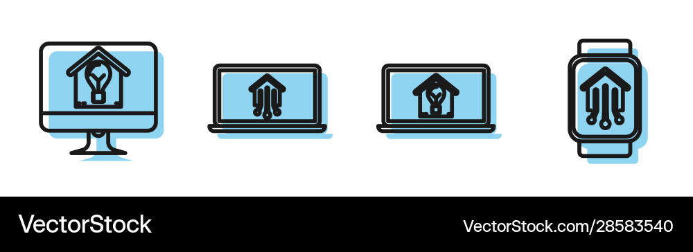 Set line computer monitor with smart house Set line computer monitor with smart house Vector Image