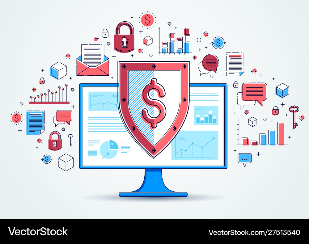 Shield over computer monitor and dollar set Shield over computer monitor and dollar set vector image