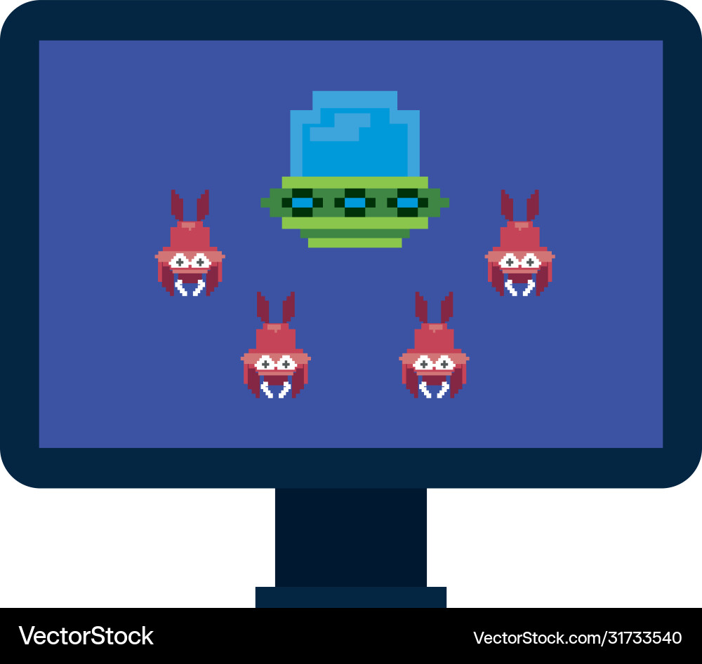 Space aliens with ufo in desktop 8 bits pixelated Space aliens with ufo in desktop 8 bits pixelated vector image