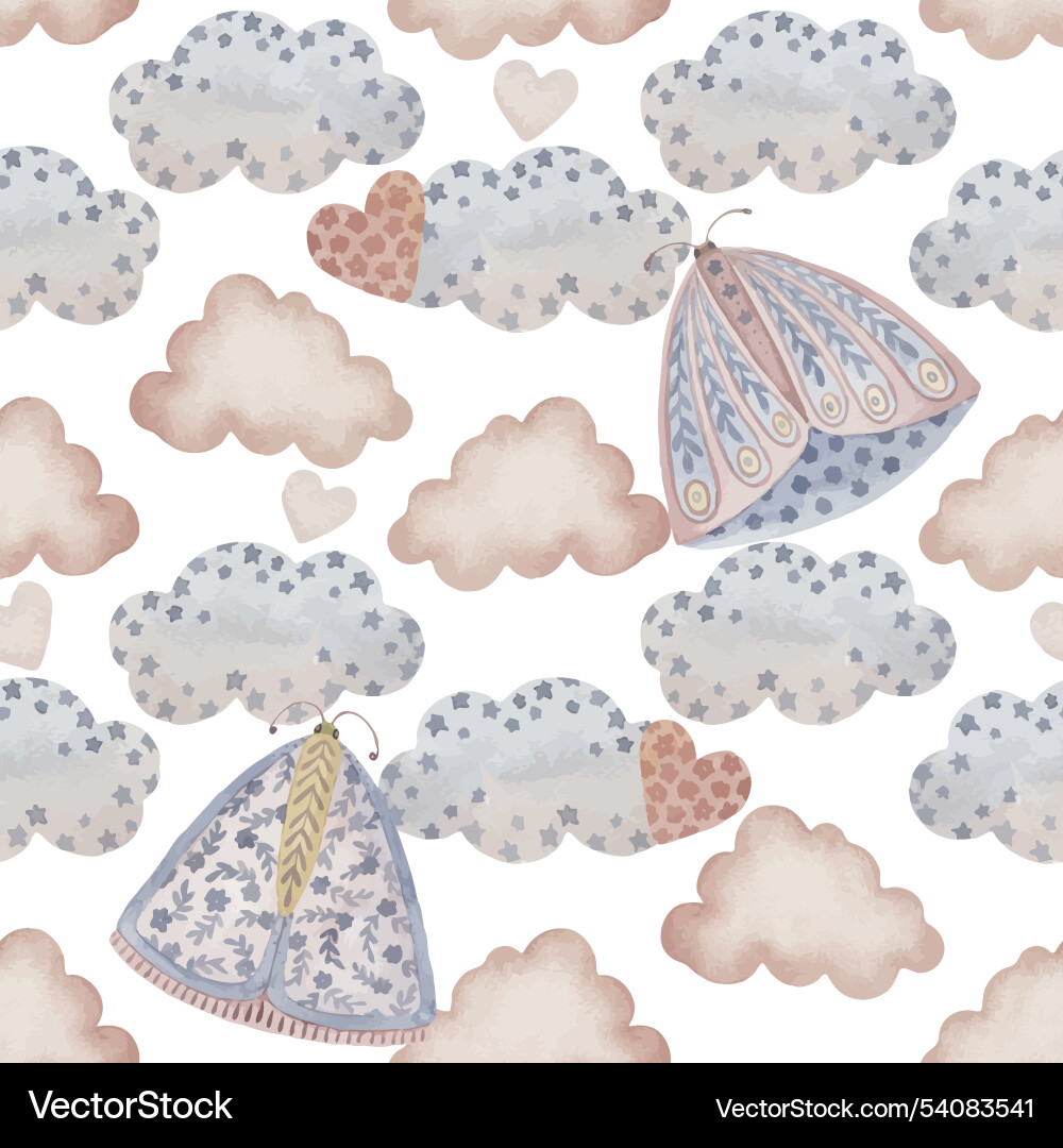 Boho butterfly seamless pattern with clouds Vector Image