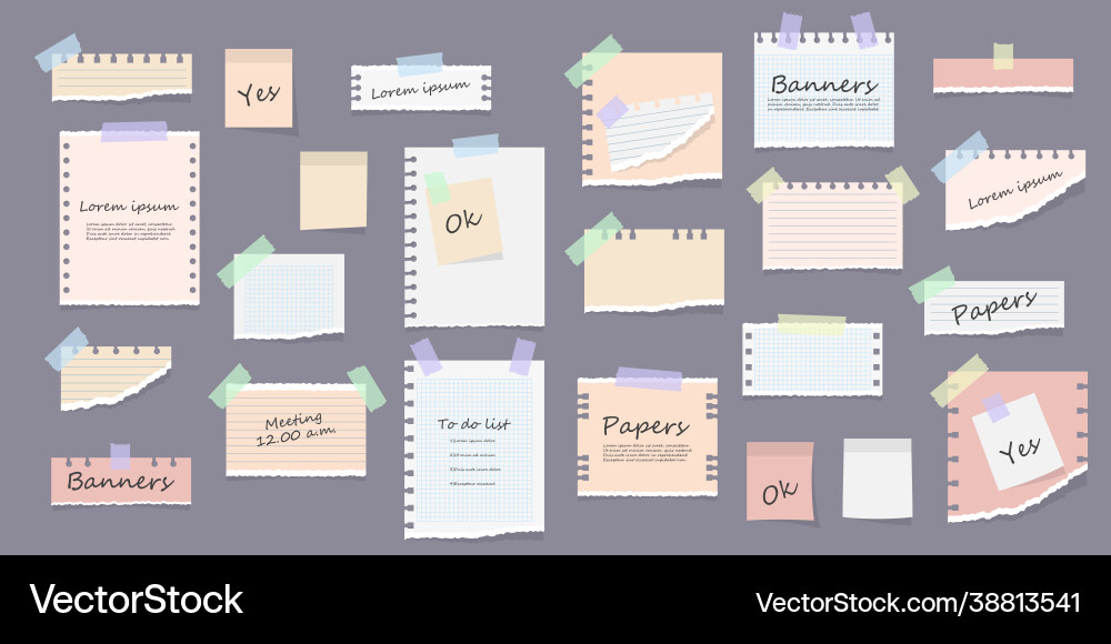 Sticky notes memo messages torn paper sheets Sticky notes memo messages torn paper sheets vector image