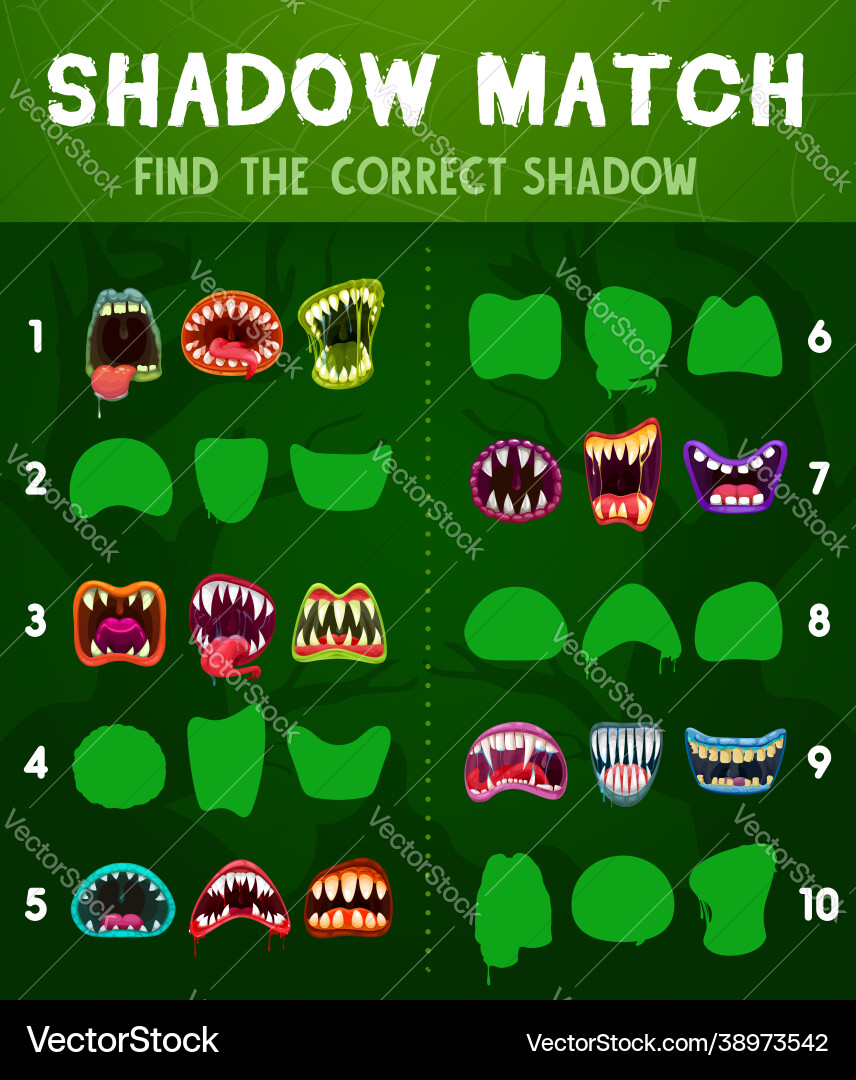 Child shadow matching game with monsters maws Child shadow matching game with monsters maws vector image