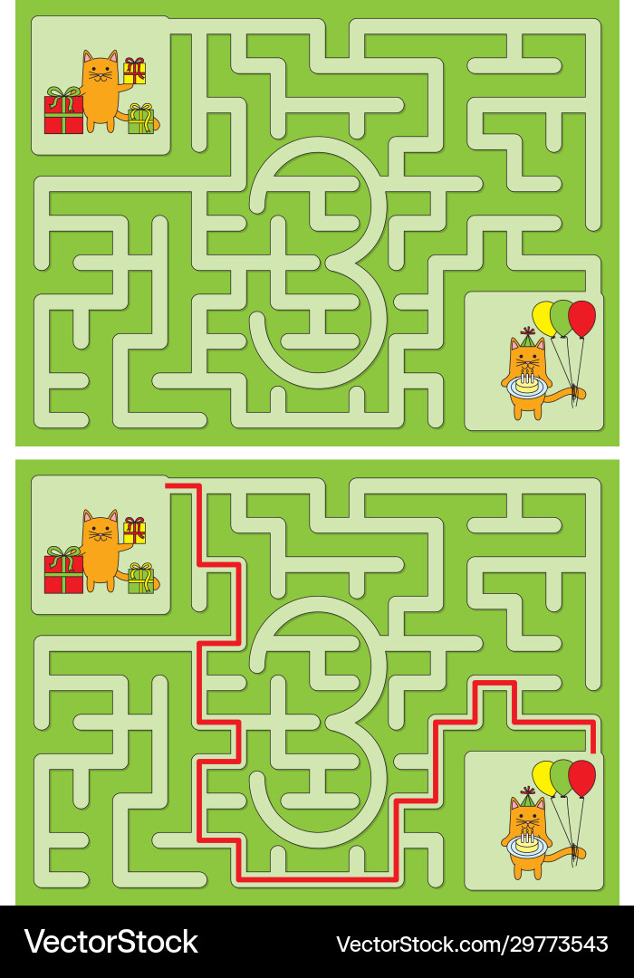Easy cat maze - learning number 3 Vector Image
