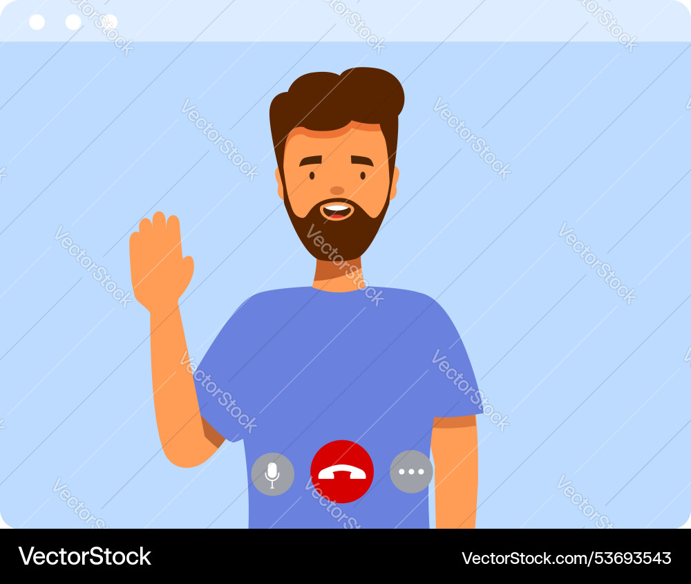 Man waving on video call interface with microphone Man waving on video call interface with microphone vector image