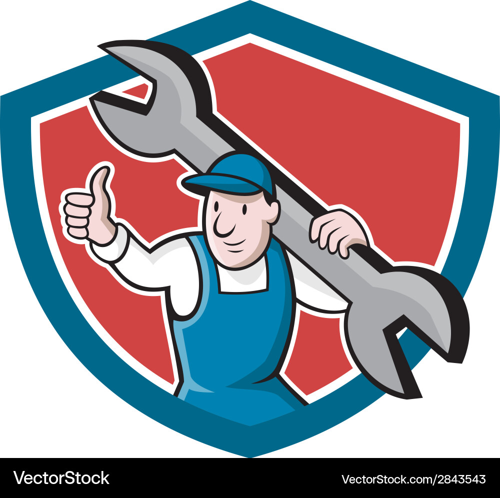 Mechanic thumbs up spanner shield cartoon Vector Image