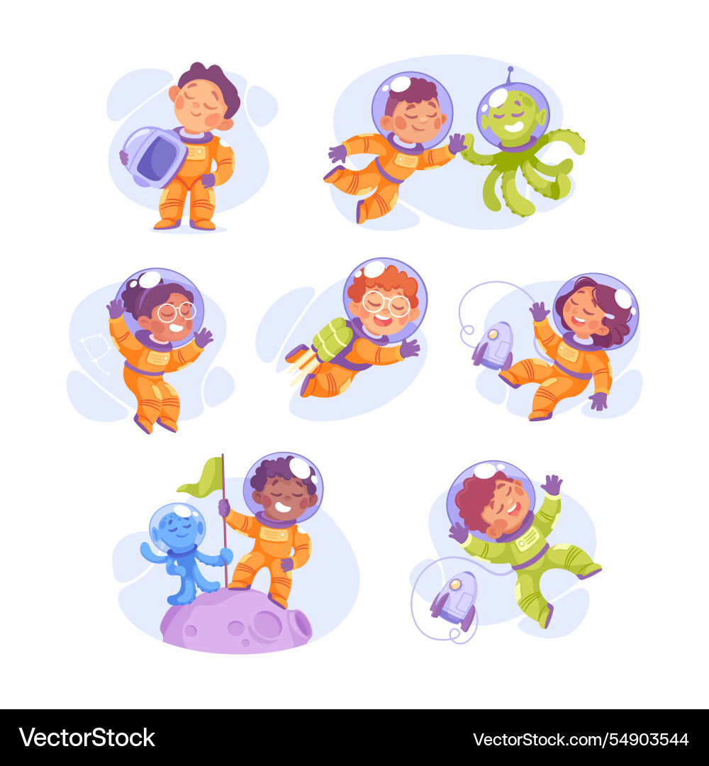 Kids astronaut character in outer space exploring Kids astronaut character in outer space exploring vector image