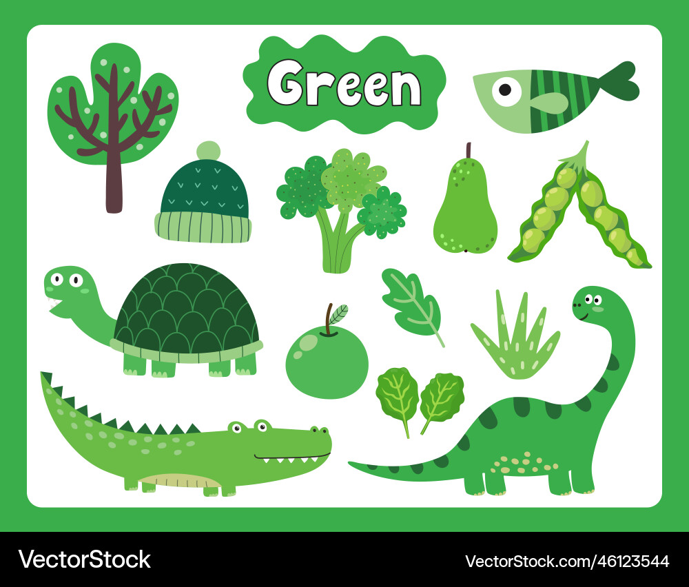 Set of green color objects primary colors Set of green color objects primary colors vector image