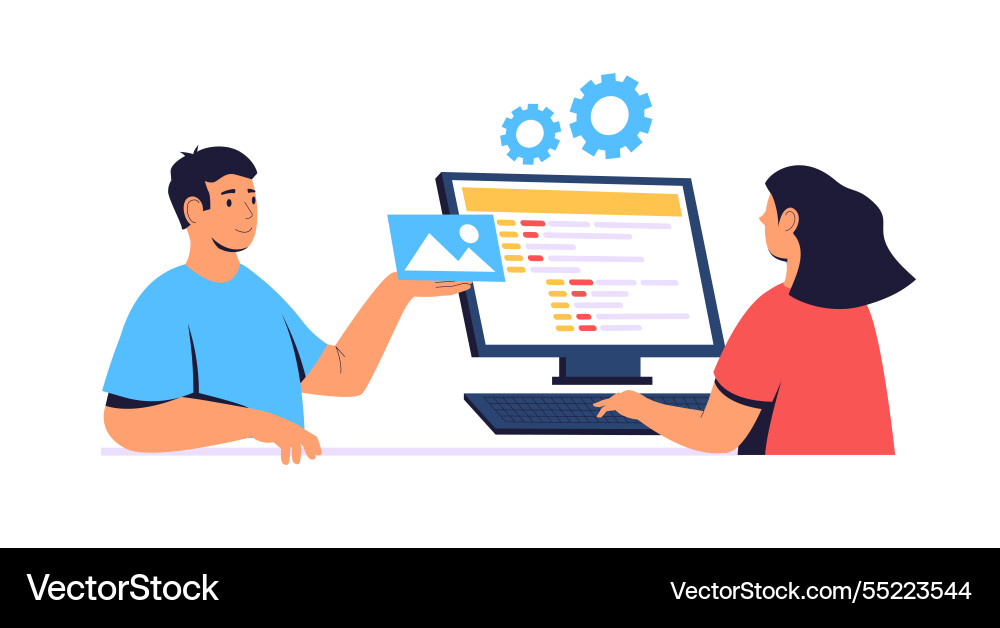 Two web developers are creating a mobile page Two web developers are creating a mobile page vector image