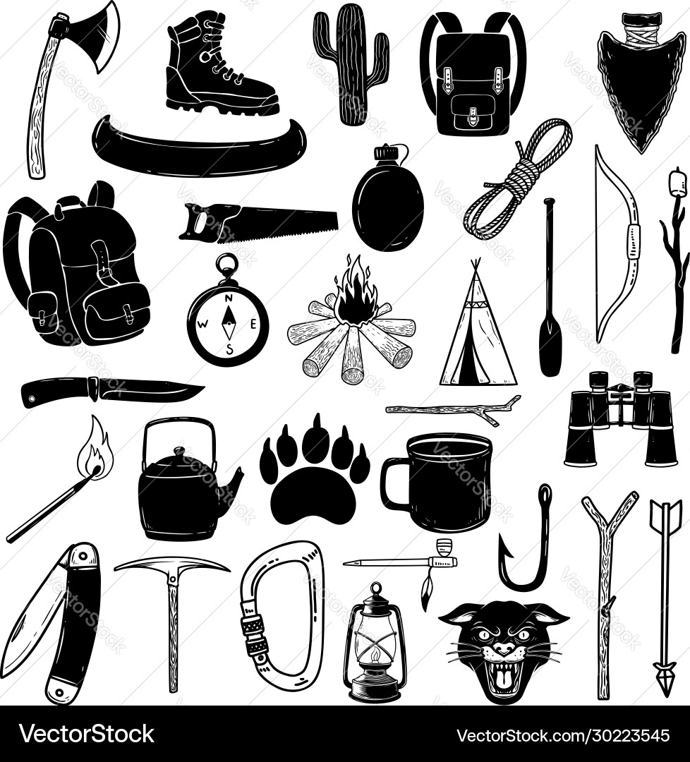 Big set camping design elements tourists stuff Vector Image