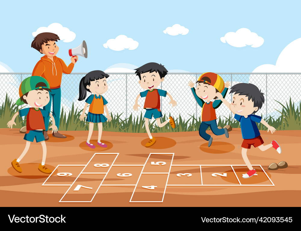 Children playing hopscotch game at the park Children playing hopscotch game at the park vector image