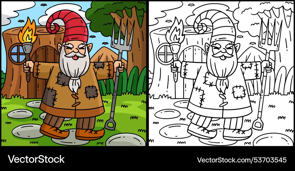 Gnome with a torch and pitch fork Gnome with a torch and pitch fork vector image