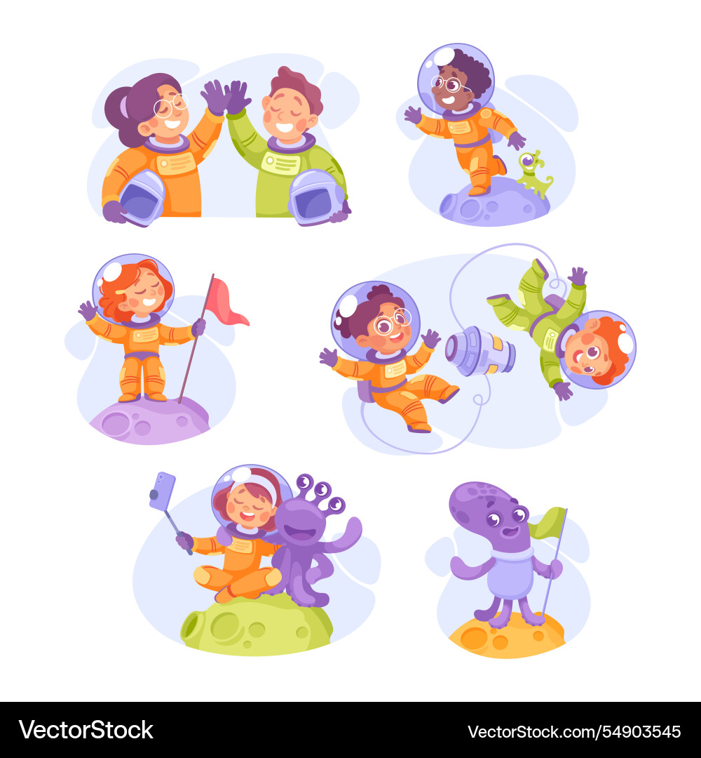 Kids astronaut character in outer space exploring Kids astronaut character in outer space exploring vector image