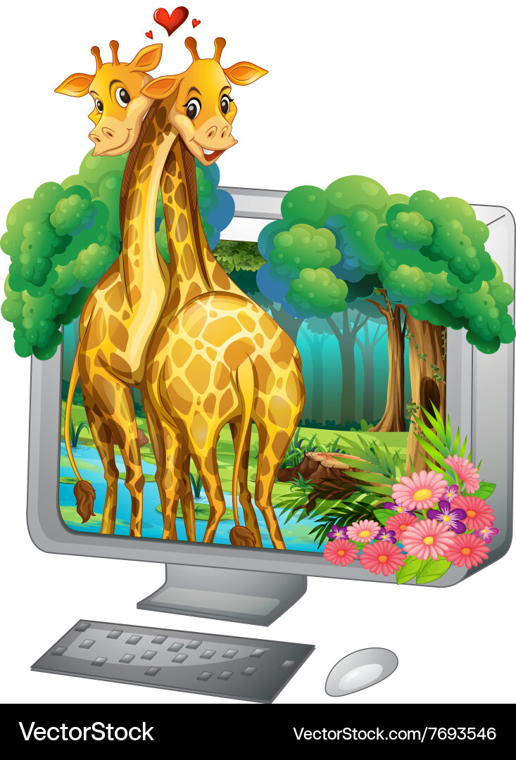 Computer screen with two giraffe hugging vector image