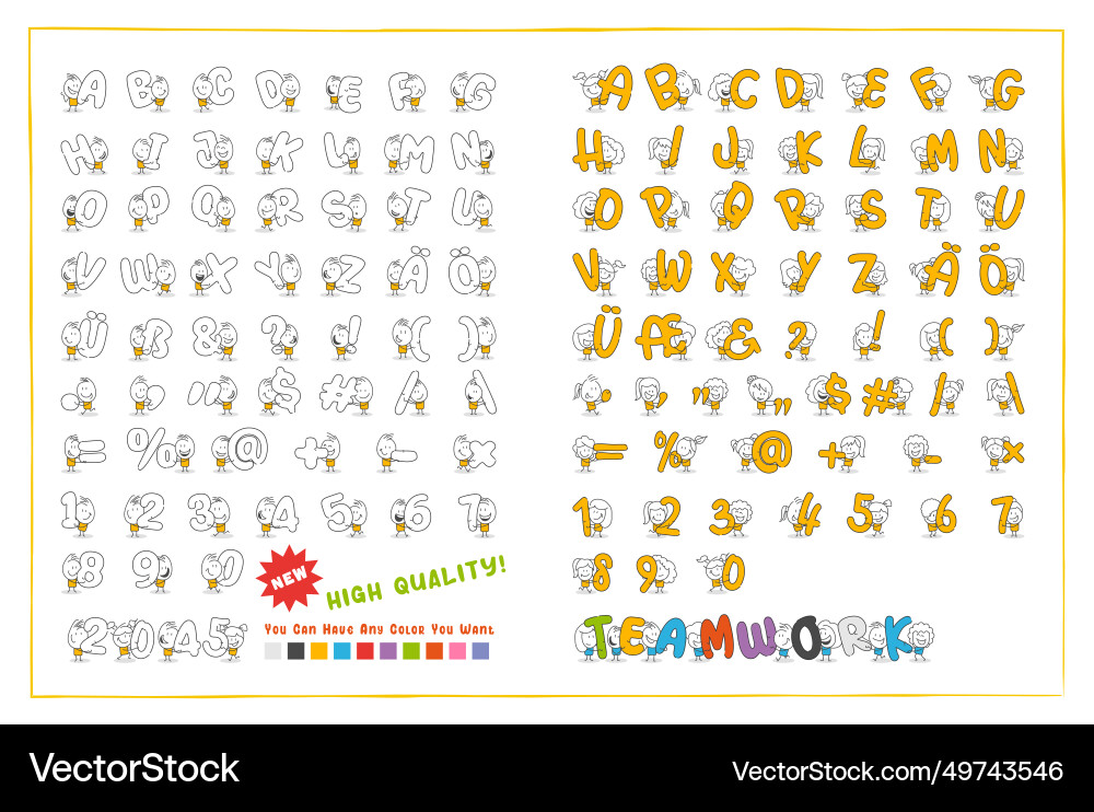 Set of stick figures with alphabet and numbers vector image
