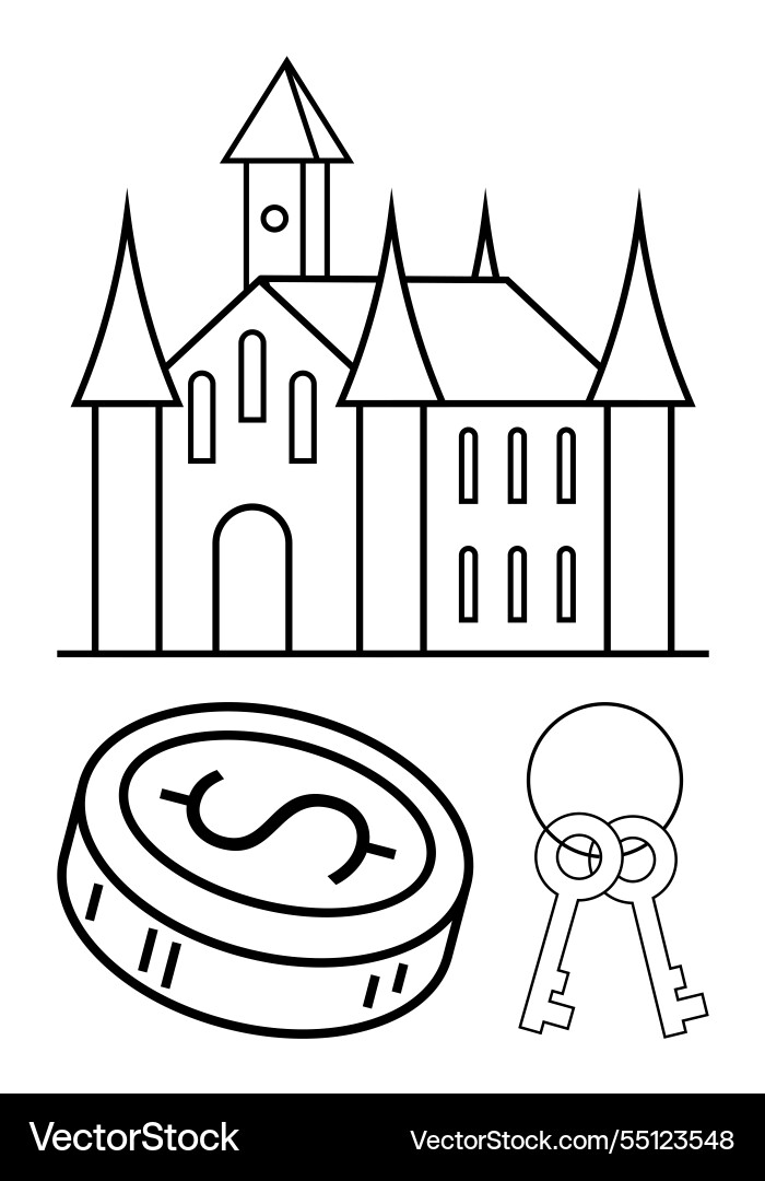 Castle with coin and keys symbolizing wealth Castle with coin and keys symbolizing wealth Vector Image