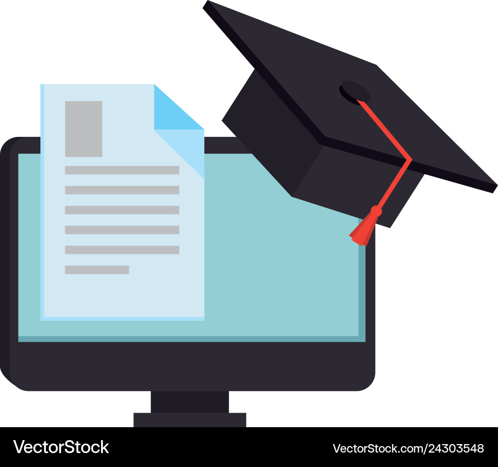 Document with computer and hat graduation Document with computer and hat graduation vector image