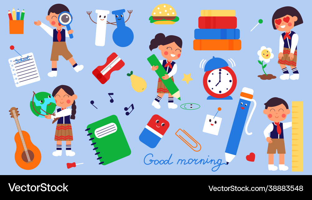 School time students and stationery cute kawaii School time students and stationery cute kawaii vector image
