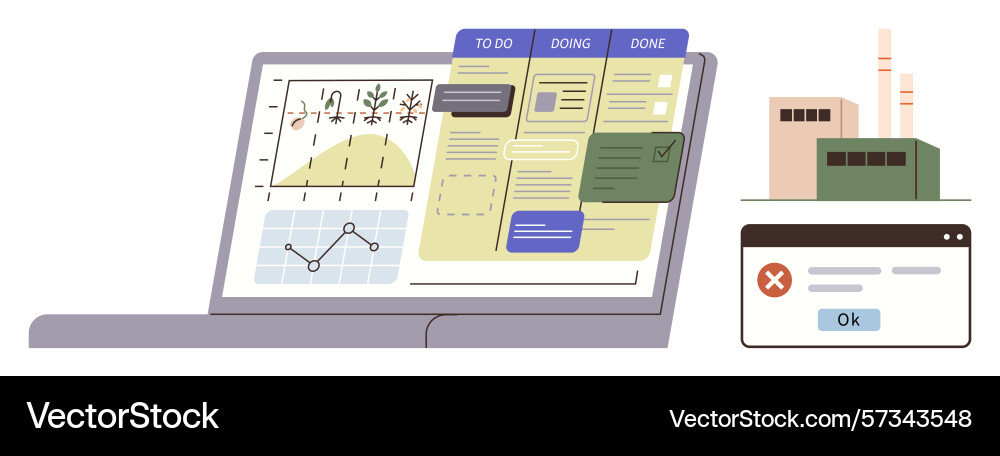 Workflow management on laptop with analytics task Workflow management on laptop with analytics task vector image