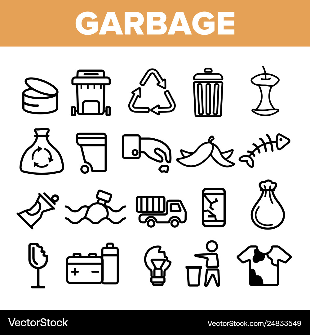 Garbage recycling linear icons set thin Garbage recycling linear icons set thin vector image