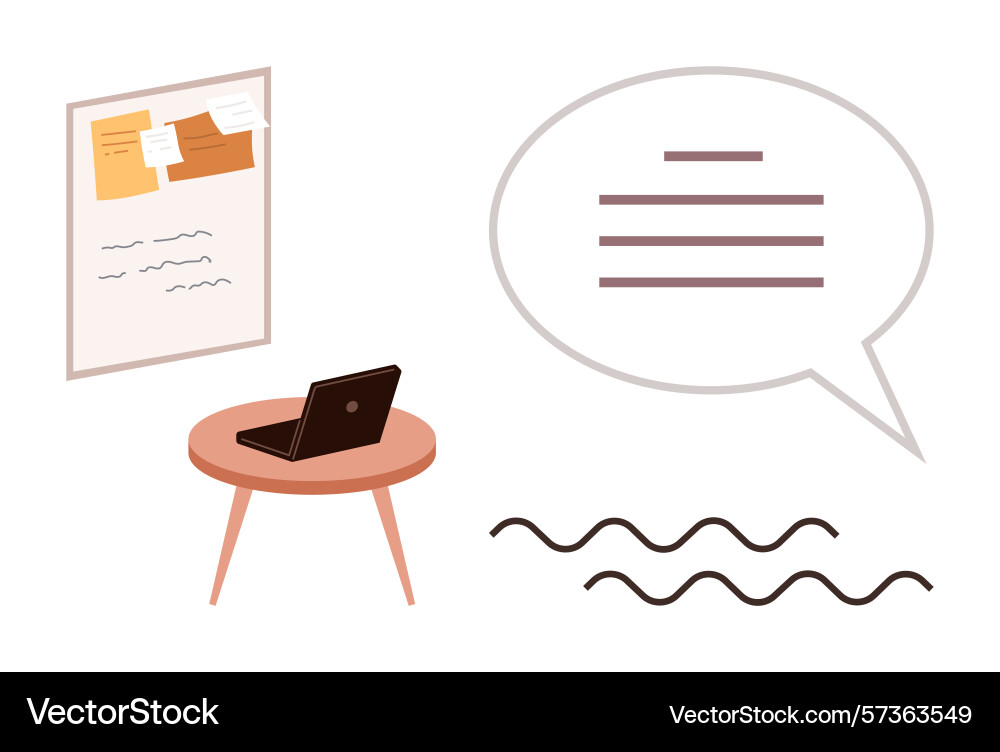 Workspace with laptop message board and speech Workspace with laptop message board and speech Vector Image