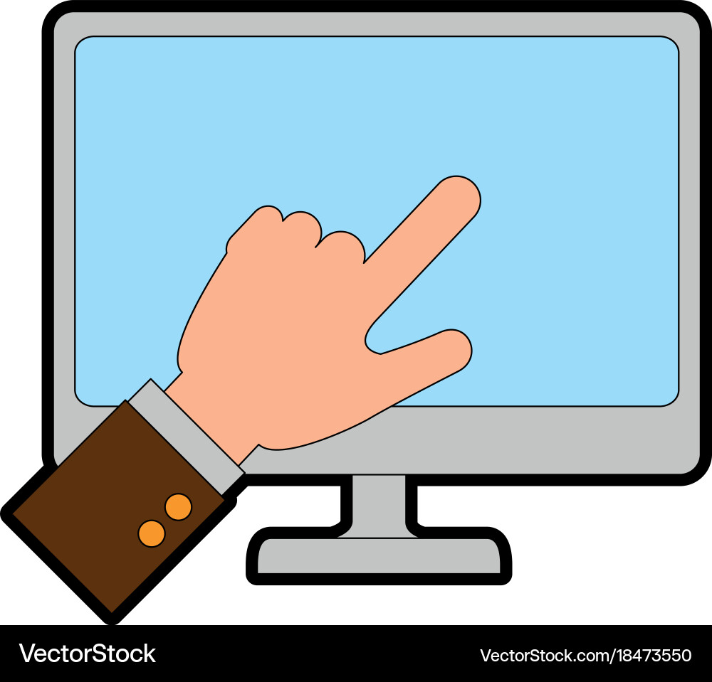Desktop computer with hand touching vector image
