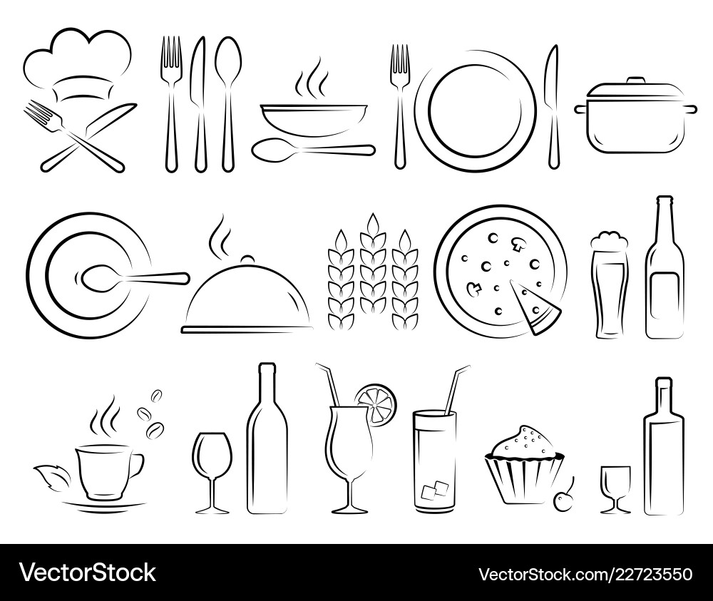 Hand drawn restaurant icons set on white vector image