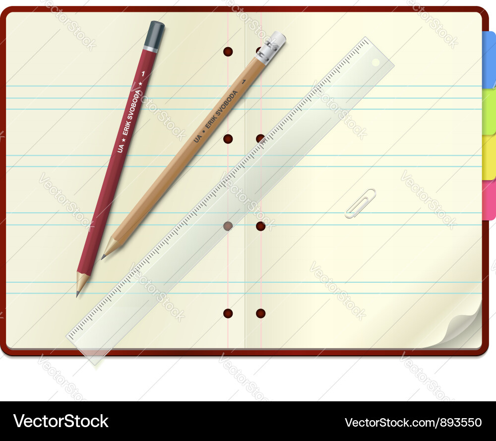 Open Notebook with Pencils and Ruler Vector Image