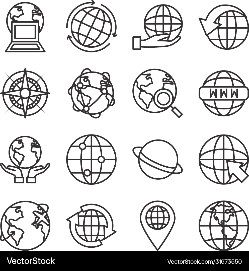 Saturn planet and global sphere icon set line vector image