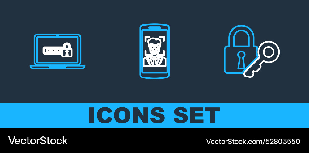 Set line lock and key laptop with password Set line lock and key laptop with password vector image