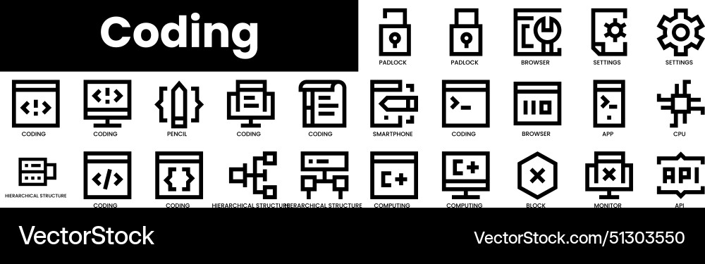 Set of outline coding icons minimalist thin vector image