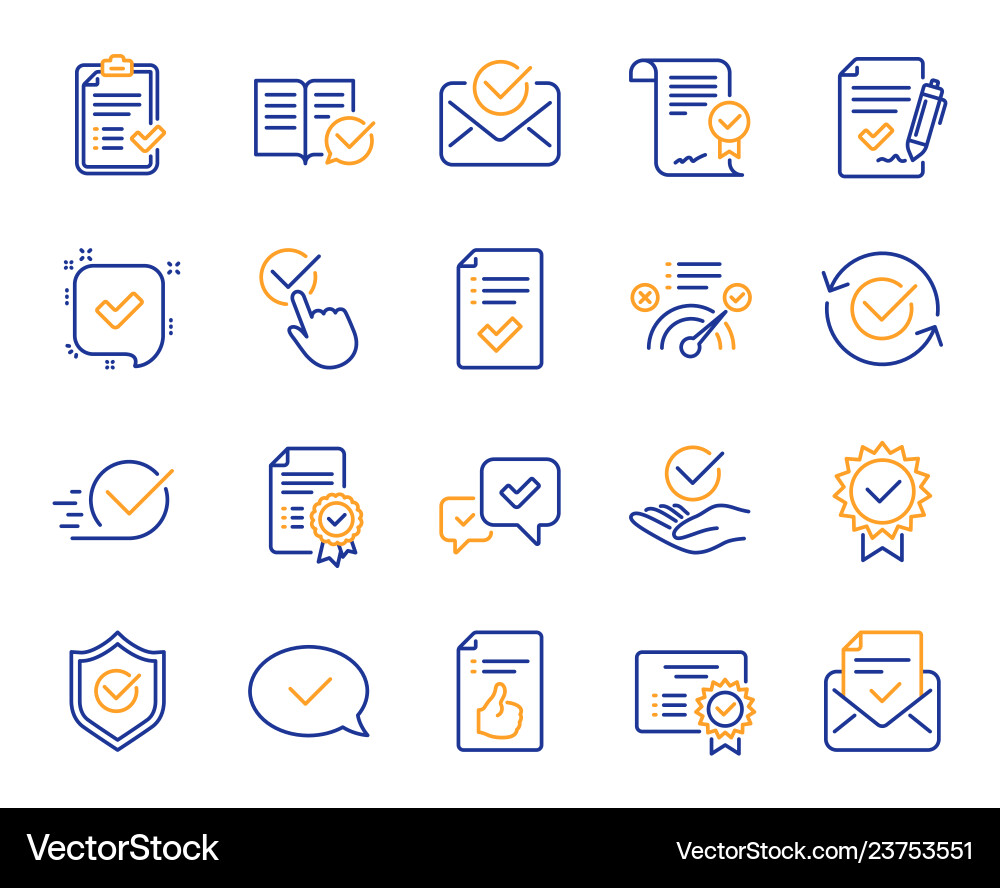 Approve line icons set of check list certificate Approve line icons set of check list certificate vector image