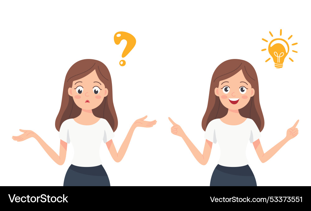 Verwirrt und glücklich Cartoon Frau Set Problem Verwirrt und glücklich Cartoon Frau Set Problem vektorbild