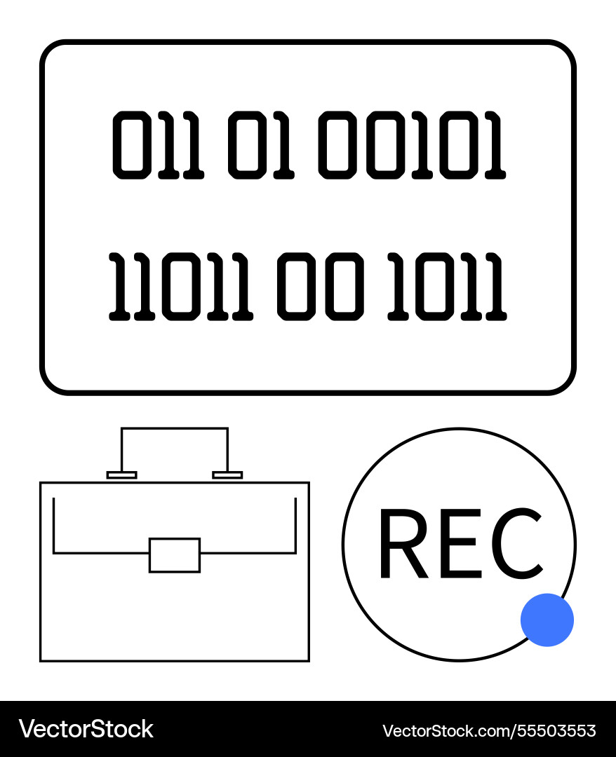 Binary code briefcase and recording dot Binary code briefcase and recording dot vector image