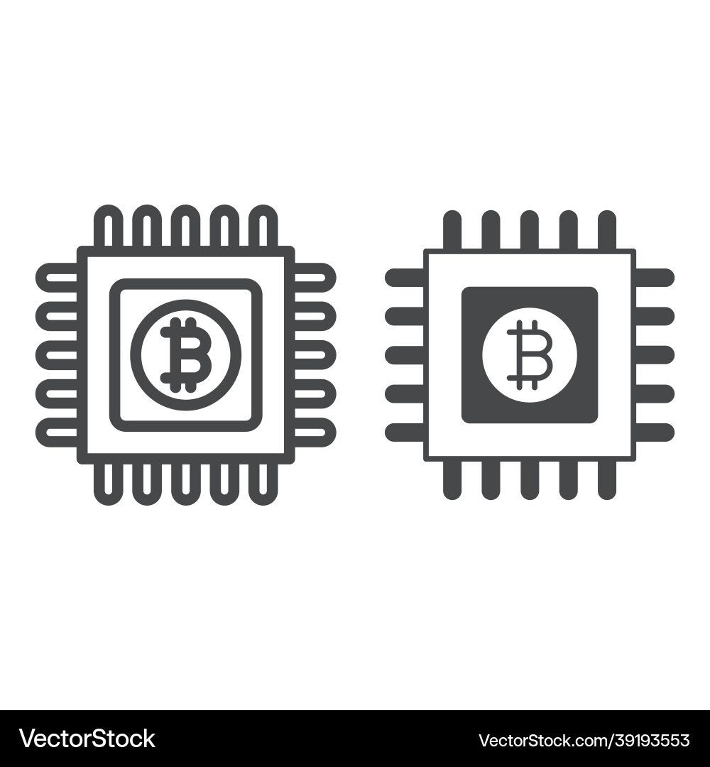 Bitcoin emblem on circuit microchip line and solid Bitcoin emblem on circuit microchip line and solid vector image