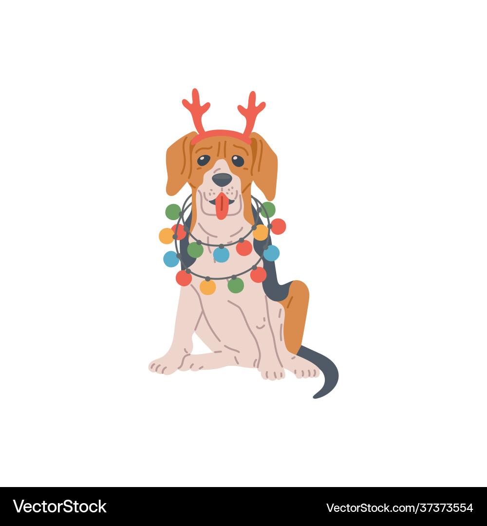 Hund mit Weihnachtsgirlanden und Hirschhörnchen flach Hund mit Weihnachtsgirlanden und Hirschhörnchen flach vektorbild