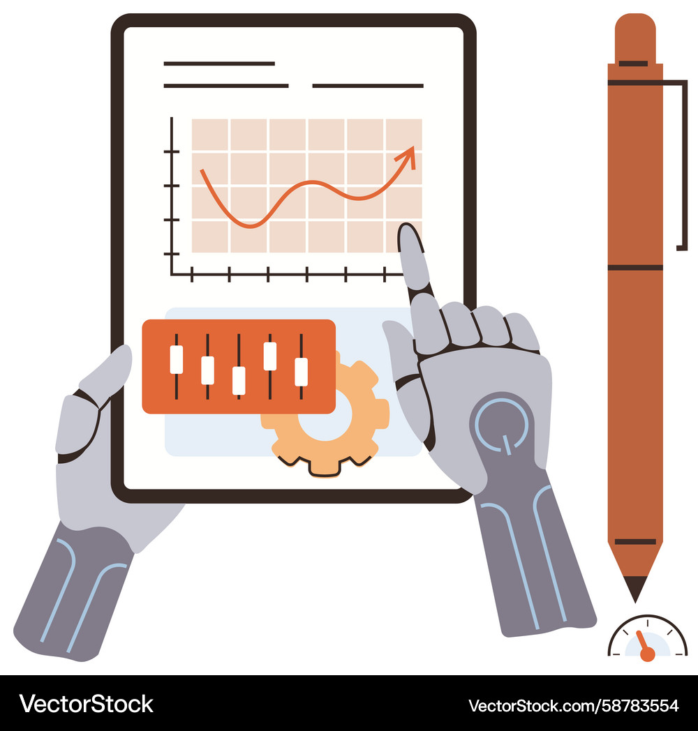 Robot hands analyzing data on a tablet with pen Robot hands analyzing data on a tablet with pen Vector Image