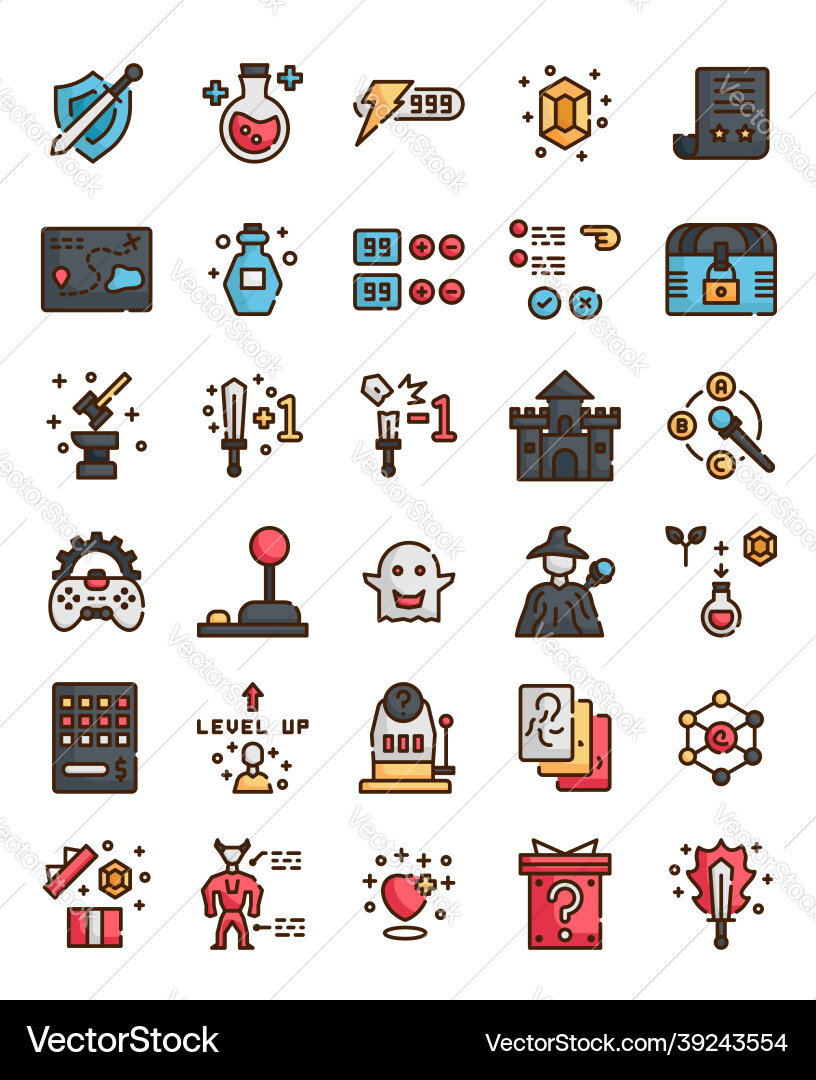 Set of filled outline rpg game items Set of filled outline rpg game items vector image