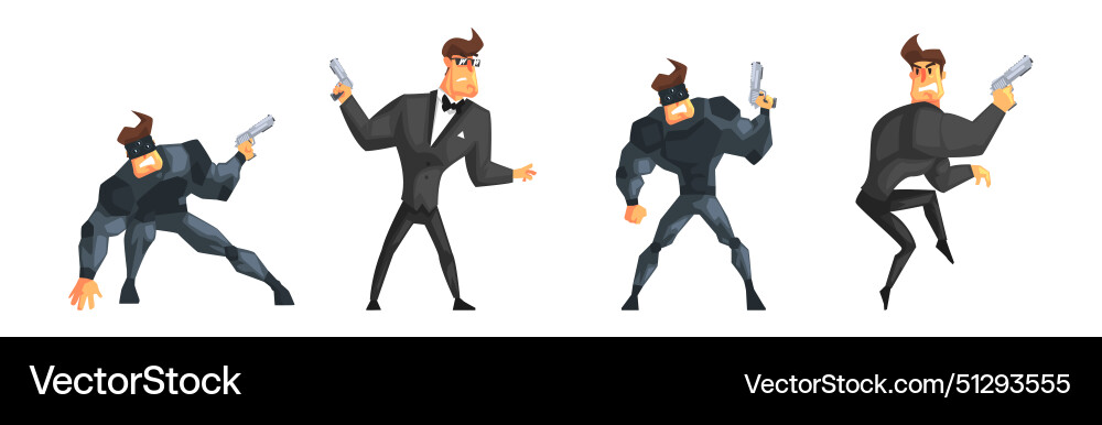 Man secret agent character with pistol set Man secret agent character with pistol set vector image
