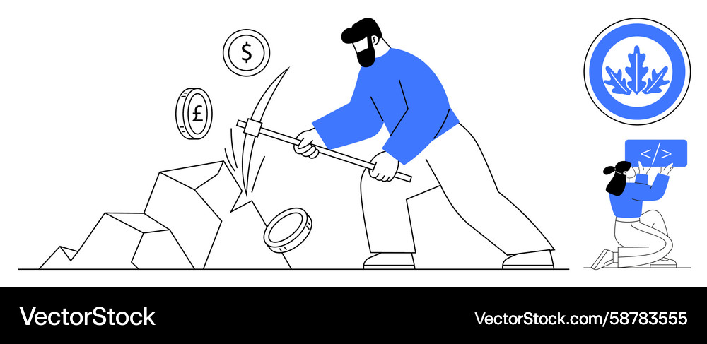 Miner Extrahieren von Währungssymbolen während Programmierer Miner Extrahieren von Währungssymbolen während Programmierer Vektorbild