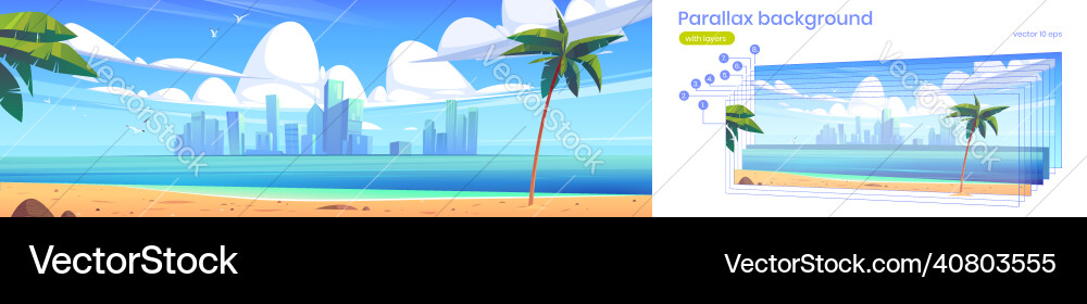 Parallax background with sea and city on horizon Parallax background with sea and city on horizon vector image
