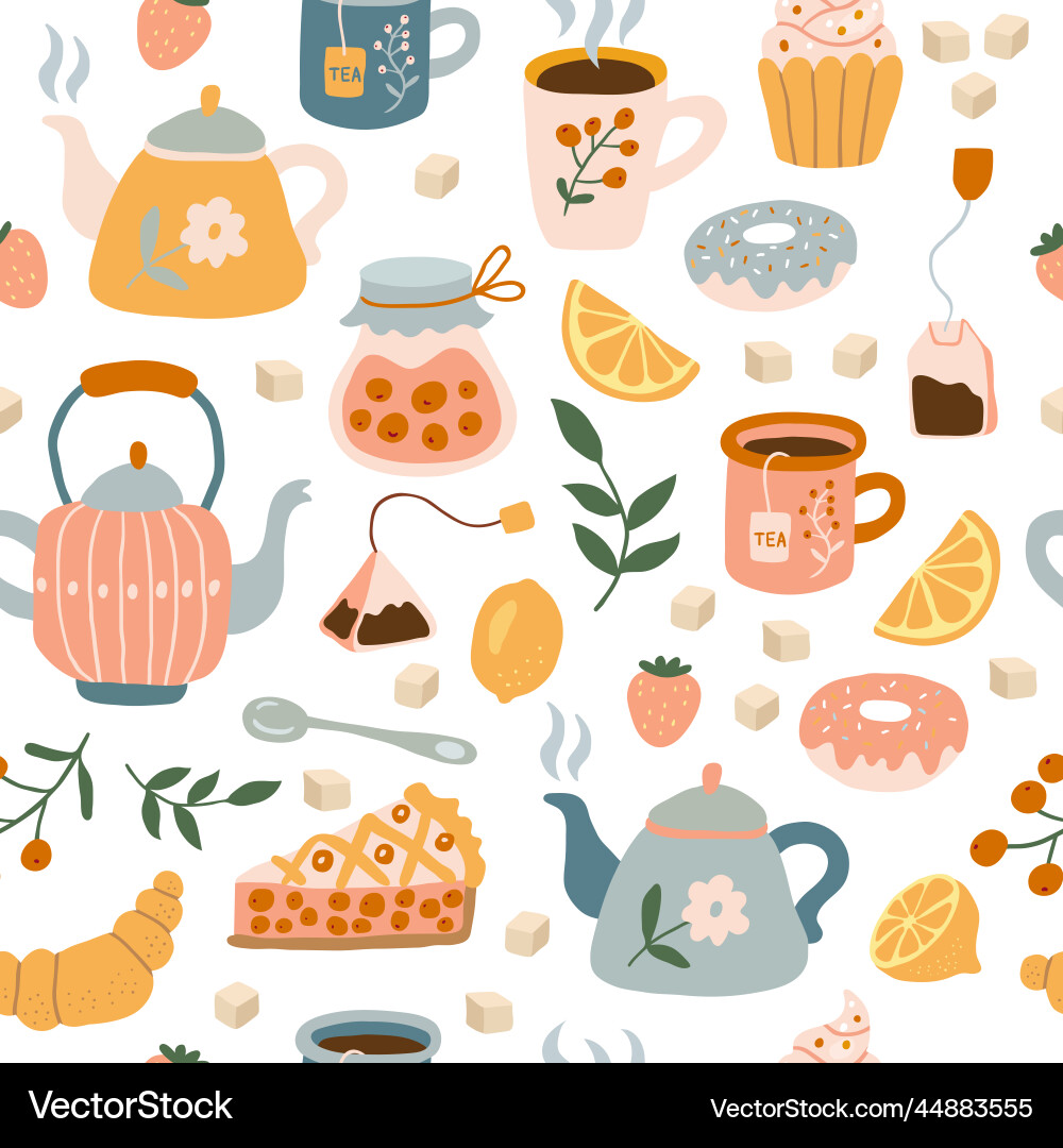 Utensils pattern tea time cozy items cups teapots Utensils pattern tea time cozy items cups teapots vector image