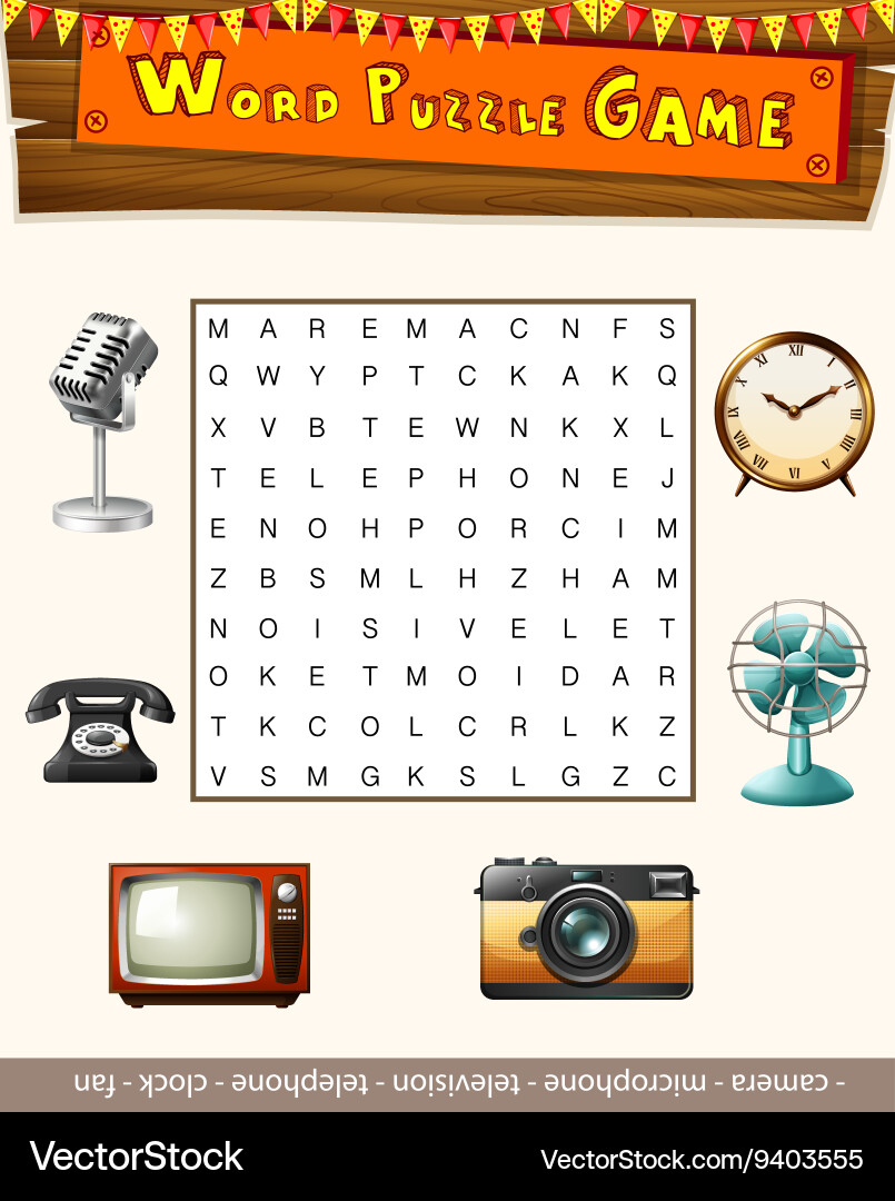 Word puzzle game template with many objects Vector Image