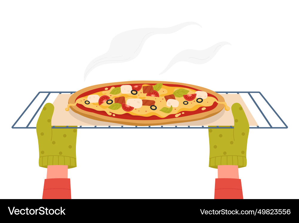 Hands in gloves open oven door and take away Vector Image