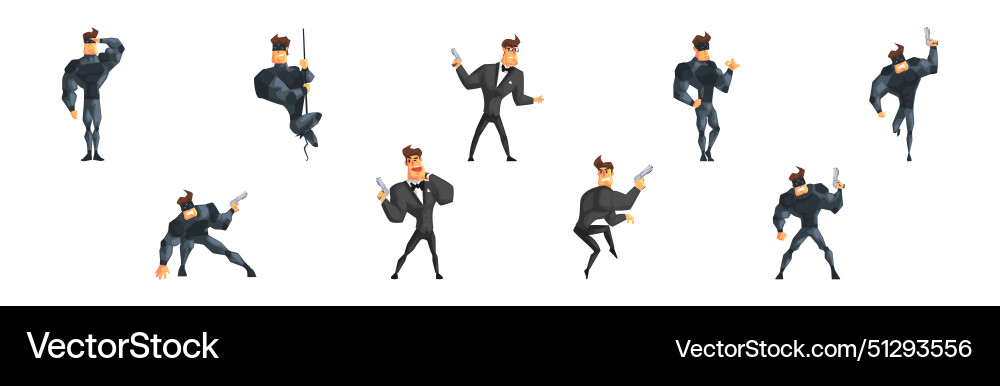 Man secret agent character with pistol set Man secret agent character with pistol set vector image