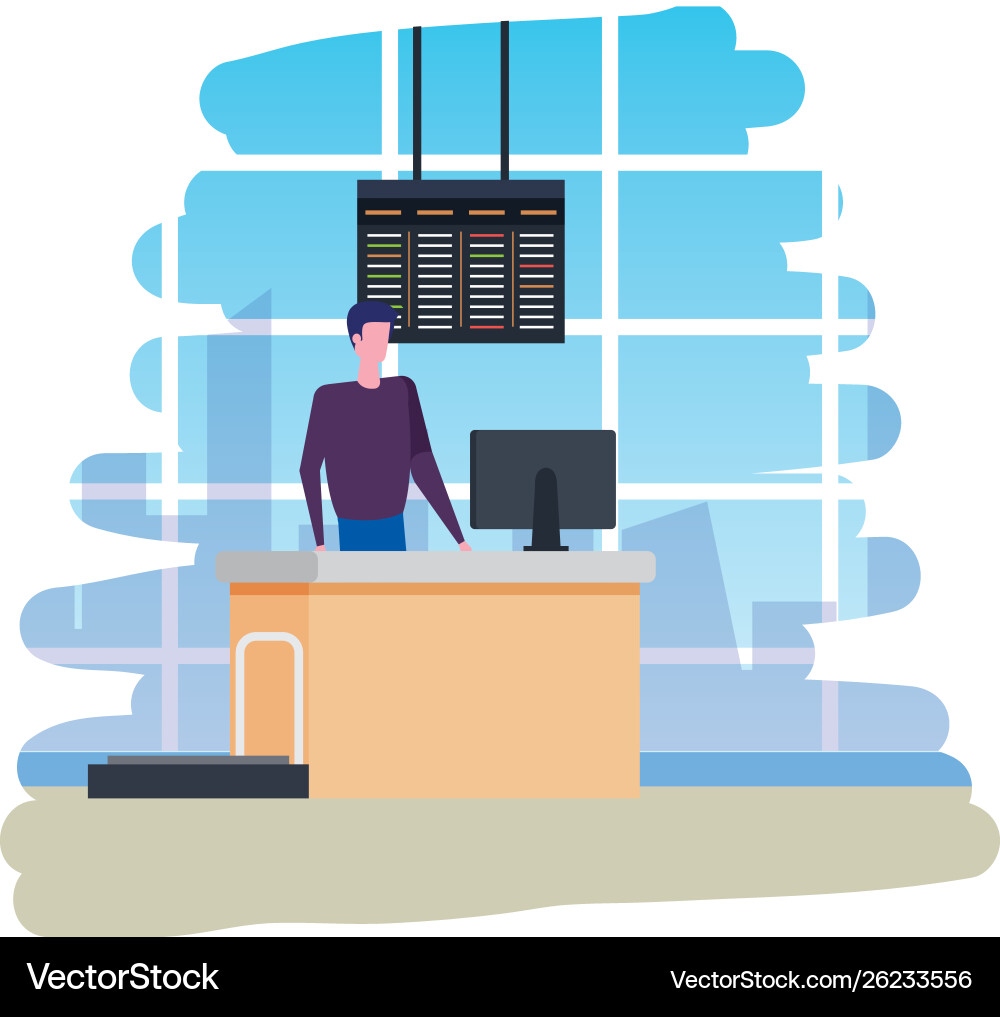 Man working in airport with computer scene Vector Image
